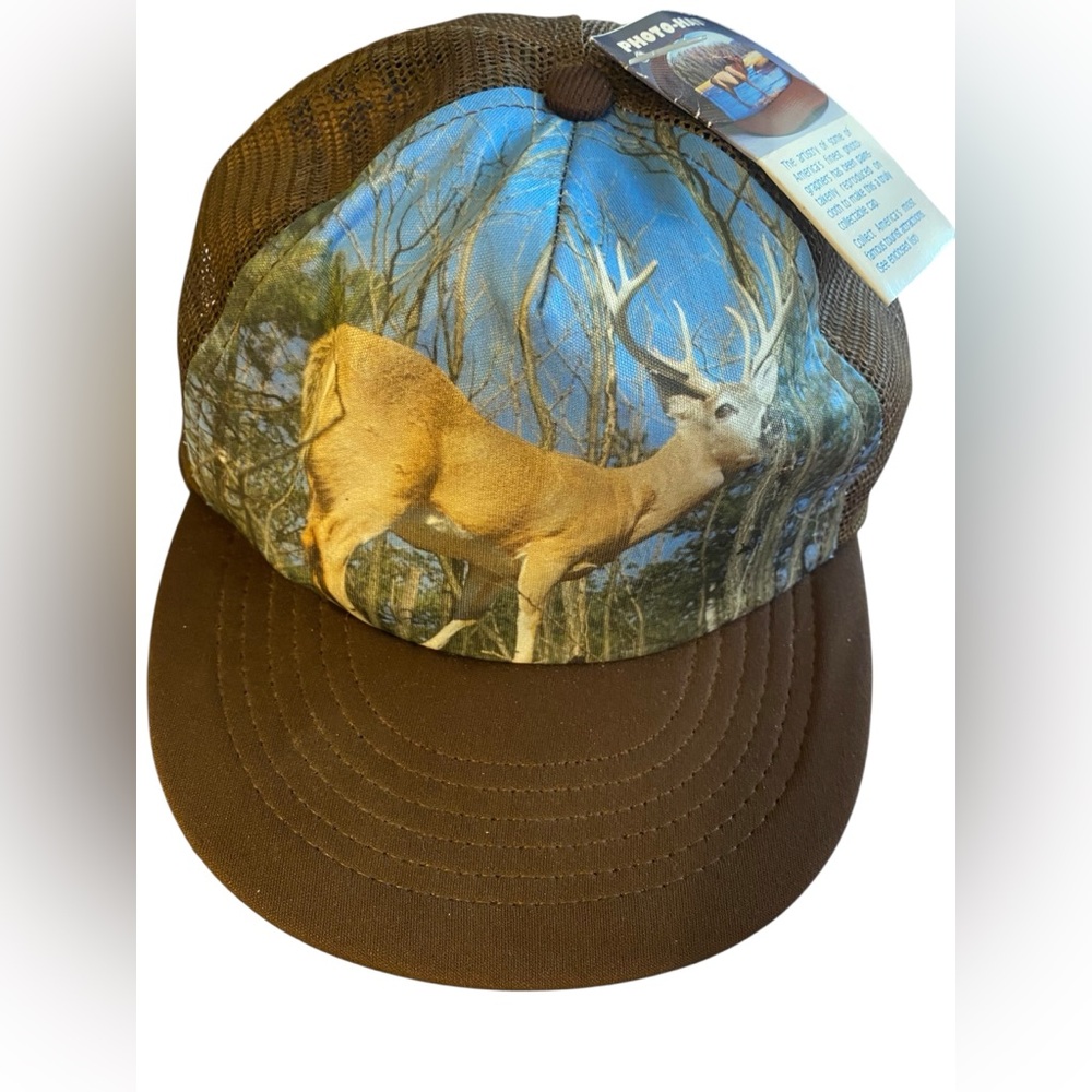 Vintage NOS photo-hat Buck in forrest brown snap back w tags hunting outdoors